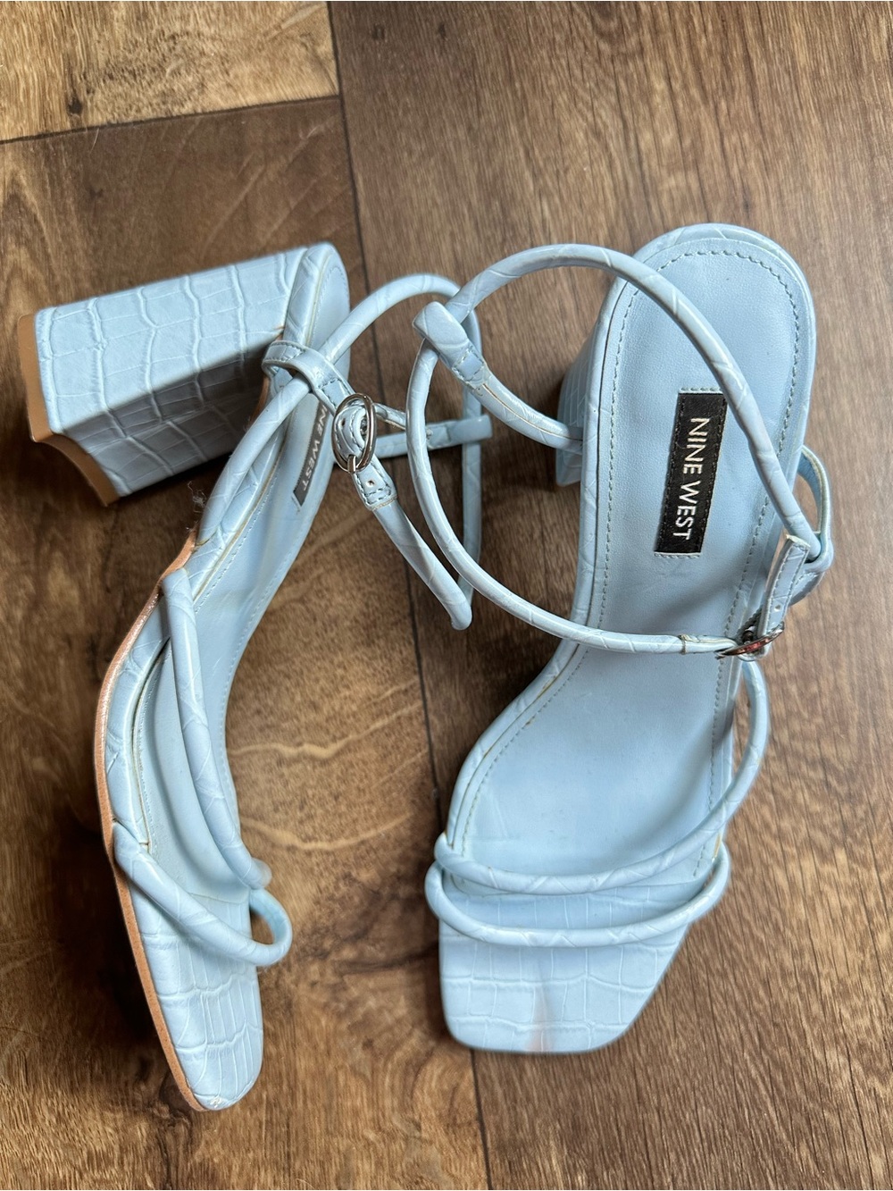 Nine West Light Blue Croc-Embossed Strappy Block Sandals